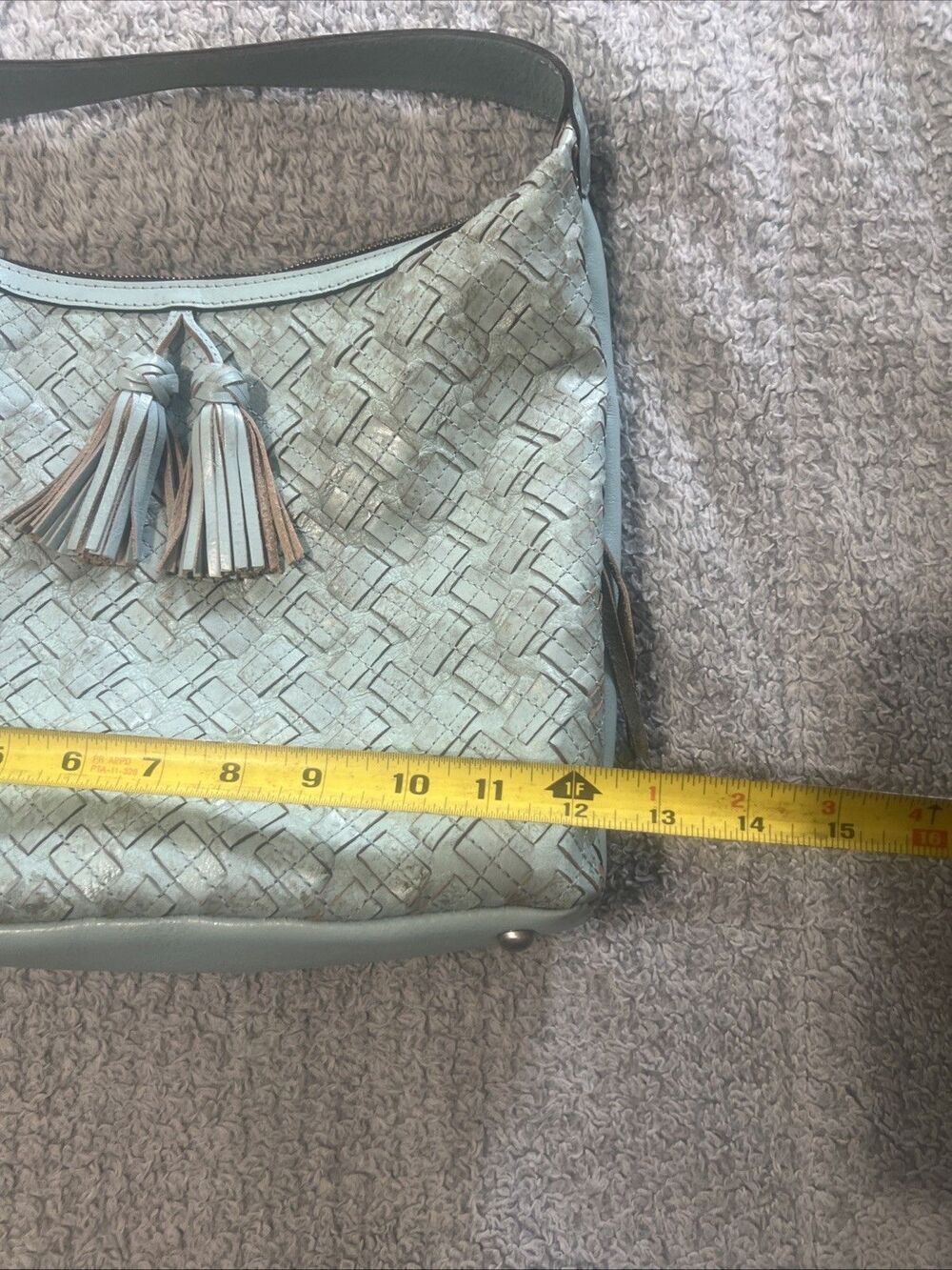 Patricia Nash Maissana Leather Hobo tassel bag Embossed Blue Boho Cottage Core - Picture 6 of 14